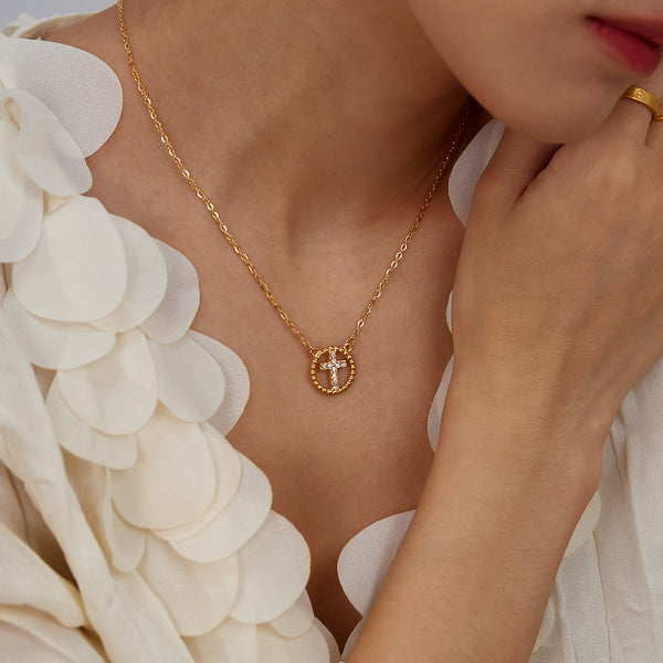 Women's Titanium Stainless Steel Cross Pendant Necklace, Gold-Plated Circle with Crystal Accents – Elegant Religious Jewelry for Everyday and Special Occasions-Women's Necklace-SunnyHouse Jewelry