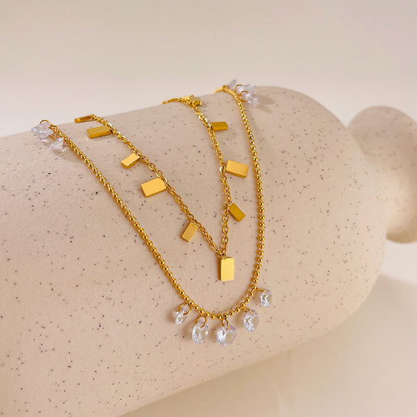 Women’s Layered Pendant Necklace – Gold Plated Titanium Stainless Steel with Crystal Charms and Bar Accents – Dainty Hypoallergenic Double Chain Jewelry-Women's Necklace-SunnyHouse Jewelry