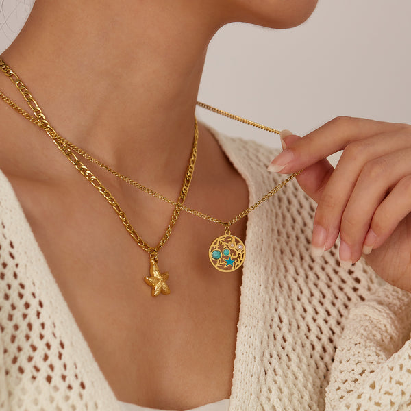 Women’s Fashion Pendant Necklace – Double Layer Gold Starfish & Ocean Round Pendant with Turquoise Inlay – Beach Jewelry for Women-Women's Necklace-SunnyHouse Jewelry