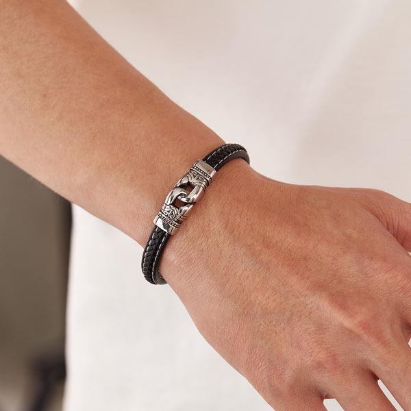 Men’s Leather Bracelet with Titanium Stainless Steel Link Accent – Braided Black Leather with Engraved Centerpiece & Magnetic Clasp – Stylish Viking-Inspired Jewelry for Men-Men's Bracelet-SunnyHouse Jewelry