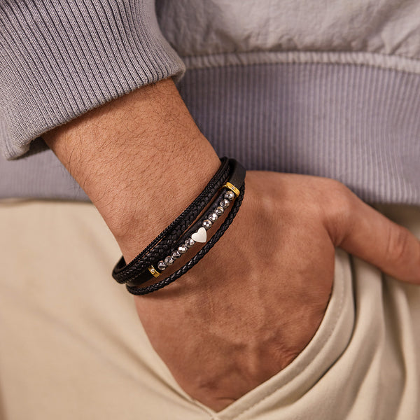 Men's Multi-Strand Leather Bracelet with Heart and Stainless Steel Beads – Stylish, Magnetic Closure-Men's Bracelet-SunnyHouse Jewelry