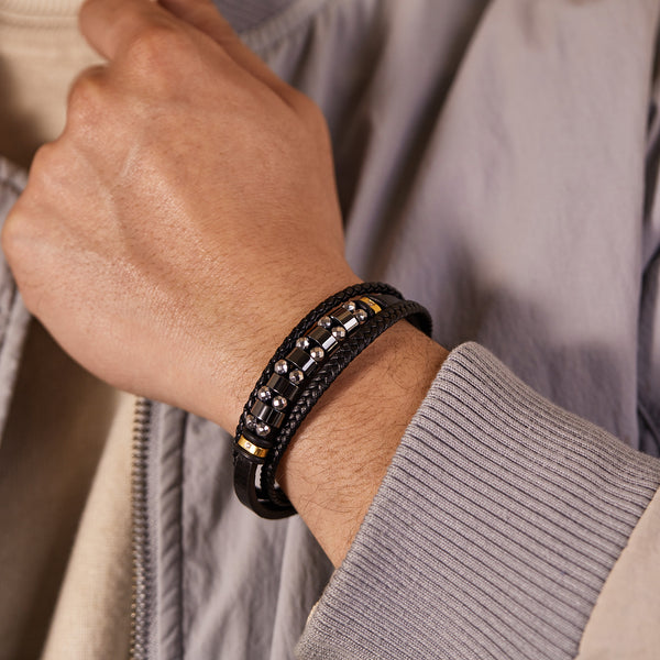 Men's Stylish Leather and Stainless Steel Beaded Bracelet – Secure Magnetic Clasp, Ideal for Daily Wear-Men's Bracelet-SunnyHouse Jewelry