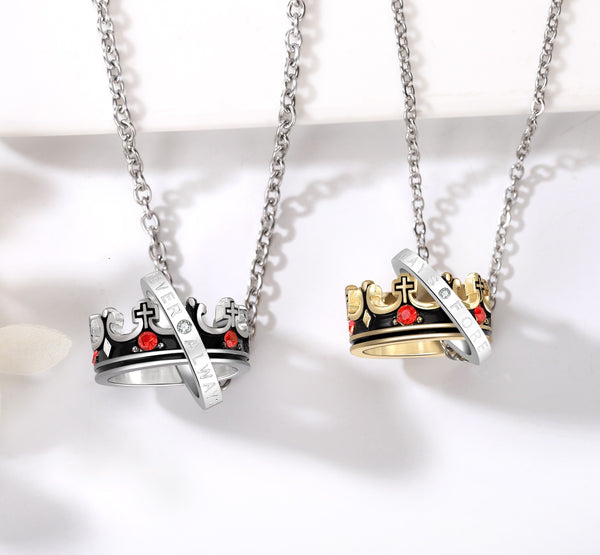 Couple Titanium Stainless Steel Crown Pendant Necklaces – Matching His & Hers King Queen Necklaces with Engraved Rings, Romantic Couple Jewelry for Anniversary, Valentine’s Day, Birthday Gift-Couple Pendant Necklace-SunnyHouse Jewelry