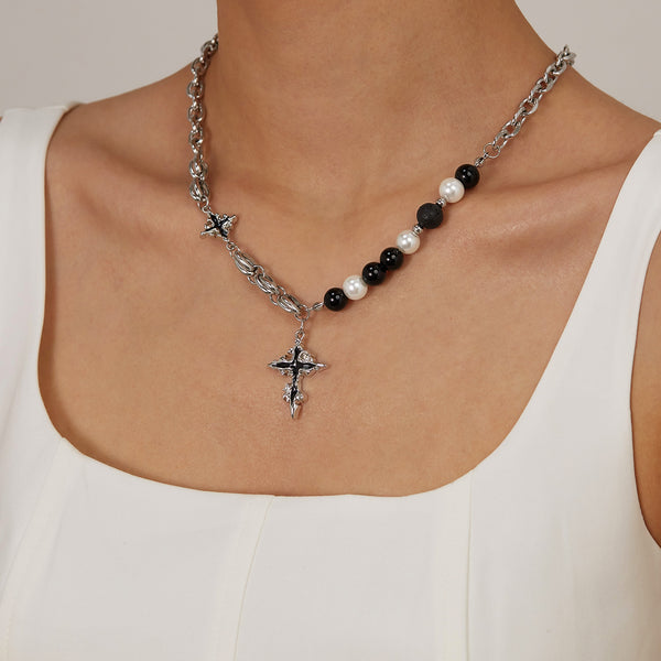 Women’s Titanium Stainless Steel Cross Pendant Necklace, Gothic-Inspired with Black and White Pearl Beads – Unique Fashion Statement Necklace-Women's Necklace-SunnyHouse Jewelry