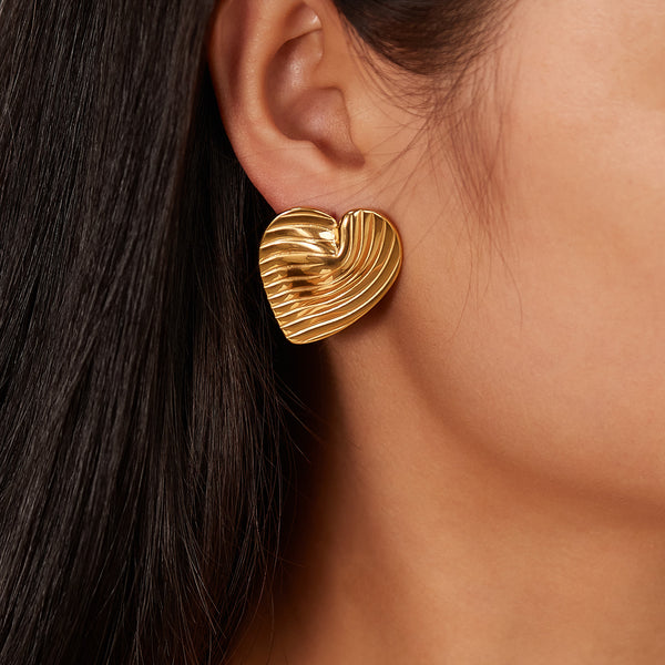Women's Sculpted Gold Heart Earrings - Elegant Swirl Design Studs for Everyday Glamour-Women's Earrings-SunnyHouse Jewelry