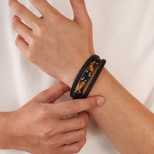 Men’s Tiger Eye Stone Bracelet – Titanium Stainless Steel & Black Braided Leather Wrap Bracelet – Natural Gemstone Jewelry for Men-Men's Bracelet-SunnyHouse Jewelry