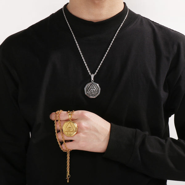 Men's Titanium Stainless Steel Eye of Providence Pendant Necklace – All-Seeing Eye Gold Charm – Hexagon Amulet for Fashion and Protection-Men's Pendant Necklace-SunnyHouse Jewelry