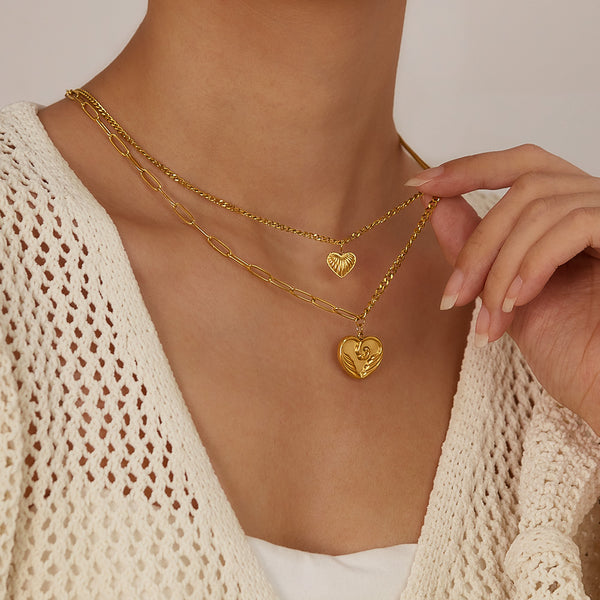 Women’s Fashion Layered Pendant Necklace – Gold-Tone Double Chain with Heart Charms, Fashion Jewelry for Women and Girls-Women's Necklace-SunnyHouse Jewelry