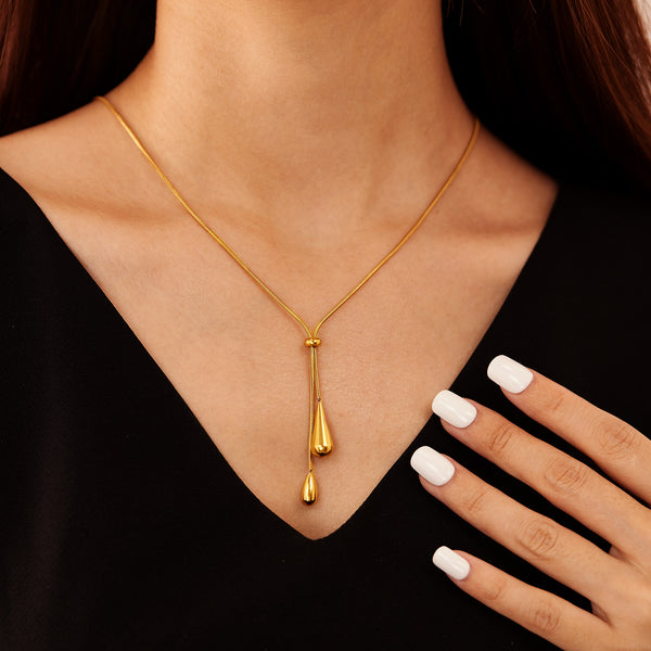Elegant Teardrop Lariat Necklace for Women – Gold Plated Titanium Stainless Steel Y Pendant Jewelry – Adjustable Drop Chain Necklace for Daily or Party Wear-Women's Necklace-SunnyHouse Jewelry