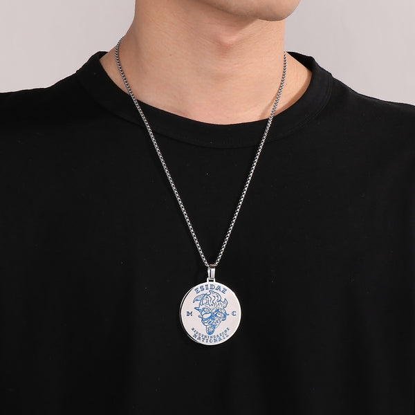 Men’s Titanium Stainless Steel Pendant Necklace – Circular Medallion Design with Engraved Blue Pattern – Durable Fashion Necklace for Men-Men's Pendant Necklace-SunnyHouse Jewelry