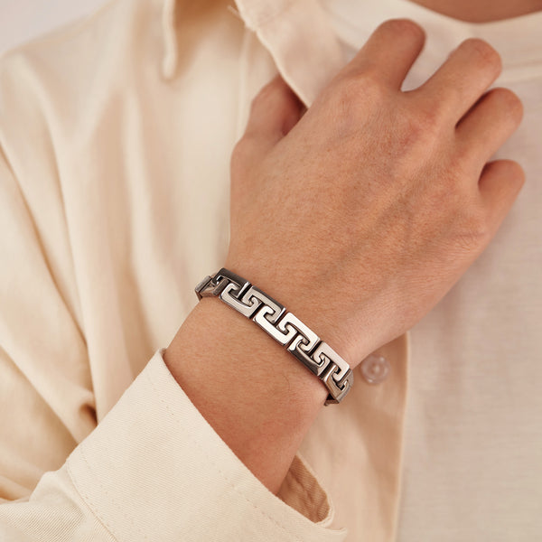 Men’s Titanium Stainless Steel Bracelet – Greek Key Link Chain Design, Polished Silver, Durable & Hypoallergenic Classic Bracelet for Men-Men's Bracelet-SunnyHouse Jewelry