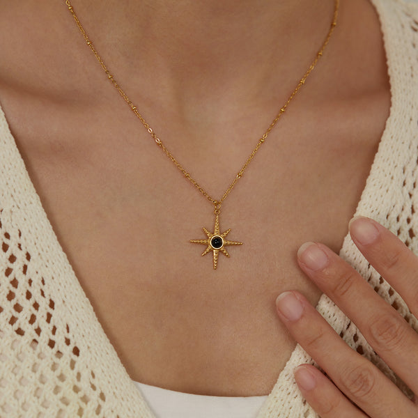 Women's Titanium Stainless Steel Star Pendant Necklace with Black Stone – Gold-Plated Chain – Hypoallergenic & Tarnish Resistant-Women's Necklace-SunnyHouse Jewelry
