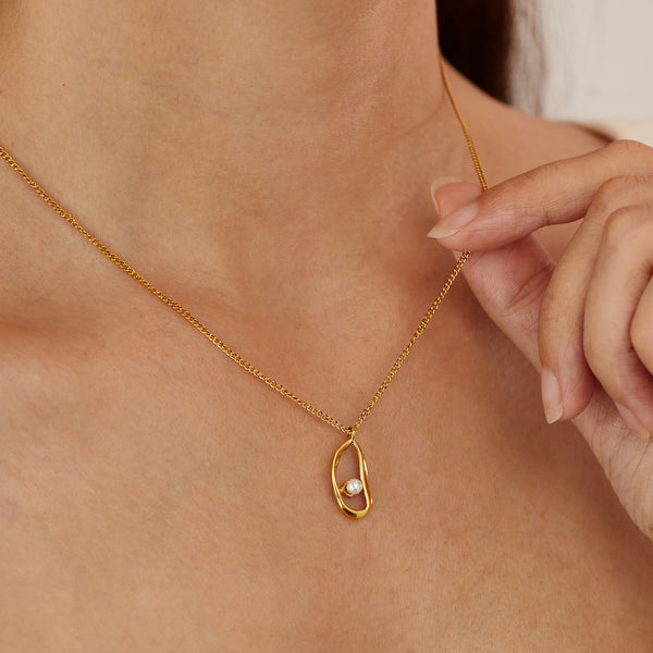 Women’s Titanium Stainless Steel Pearl Pendant Necklace – Gold-Plated Abstract Oval Charm, Hypoallergenic Modern Jewelry for Everyday & Special Occasions-Women's Necklace-SunnyHouse Jewelry