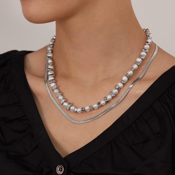 Women’s Stainless Steel Pearl and Hematite Necklace – Silver Chain Layered Design, Durable Fashion Jewelry, Elegant Pendant Necklace for Women-Women's Necklace-SunnyHouse Jewelry