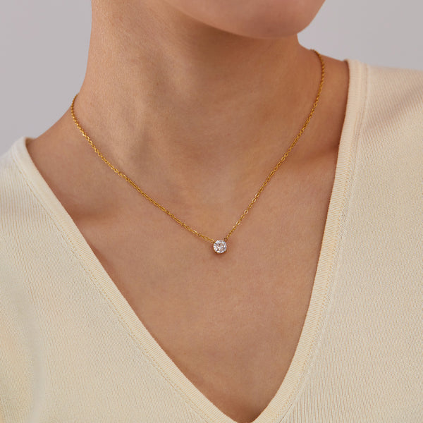 Classic Solitaire Crystal Pendant Necklace in Titanium Stainless Steel with Gold-Tone Finish-Women's Necklace-SunnyHouse Jewelry