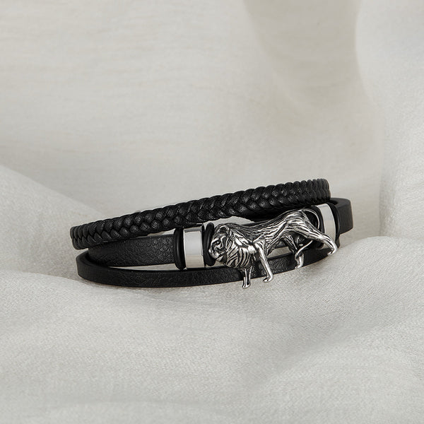 Bold Men's Leather and Stainless Steel Lion Head Bracelet - Stylish and Masculine Accessory-Men's Bracelet-SunnyHouse Jewelry