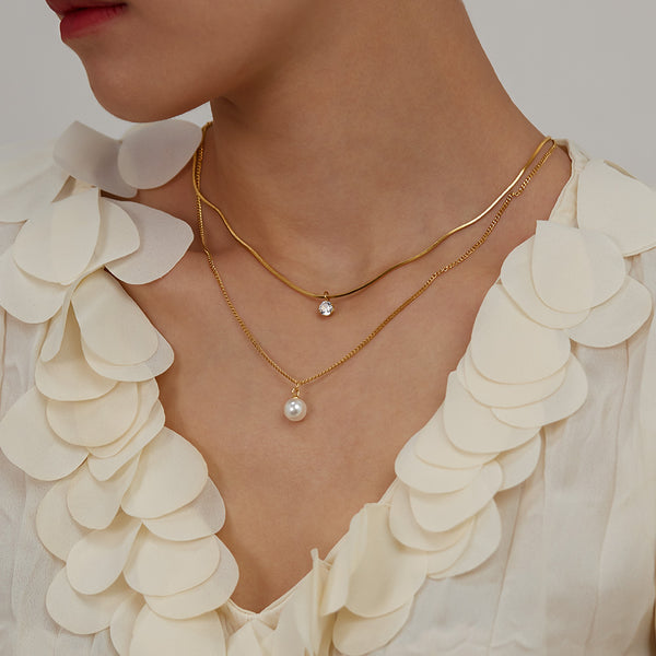 Women’s Titanium Stainless Steel Layered Pearl and Crystal Pendant Necklace, Gold-Plated with Adjustable Chain – Elegant Jewelry for Casual and Formal Occasions-Women's Necklace-SunnyHouse Jewelry