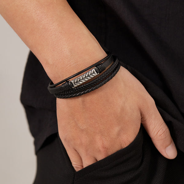 Men's Multi-Strand Leather Bracelet with Stainless Steel Arrow Detail - Stylish and Versatile Accessory-Men's Bracelet-SunnyHouse Jewelry