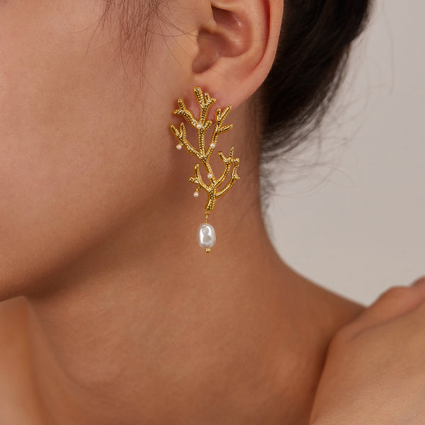 Women’s Gold Coral Pearl Drop Earrings – Ocean-Inspired Statement Earrings with Simulated Pearls, Elegant Dangle Jewelry for Women and Girls-Women's Earrings-SunnyHouse Jewelry