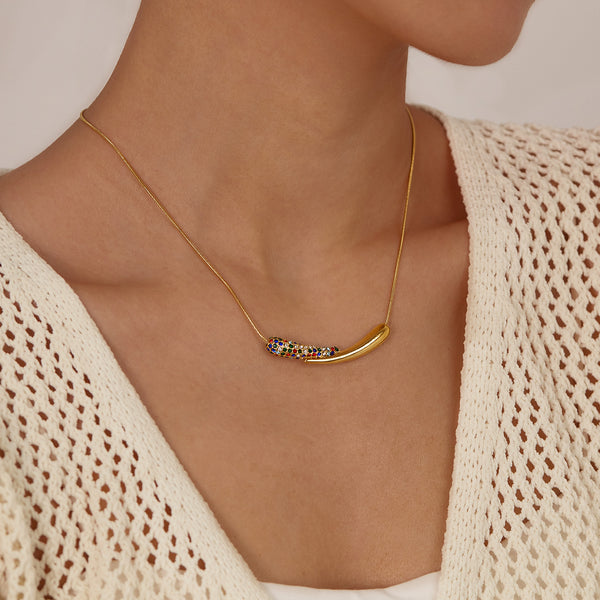 Women’s Colorful Pendant Necklace – Gold Bar Pendant with Multicolor Crystal Inlay – Elegant Minimalist Jewelry Gift-Women's Necklace-SunnyHouse Jewelry