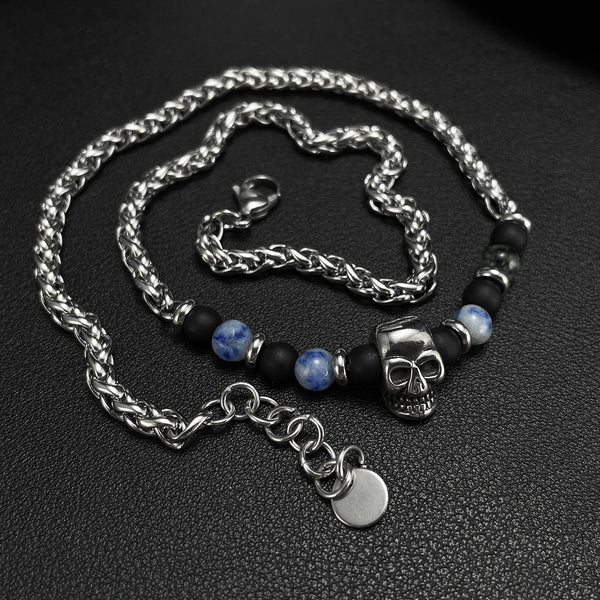Men's Skull Bead Necklace with Black Onyx and Sodalite - Edgy Stainless Steel Chain, Perfect for Casual or Gothic Styles-Men's Pendant Necklace-SunnyHouse Jewelry