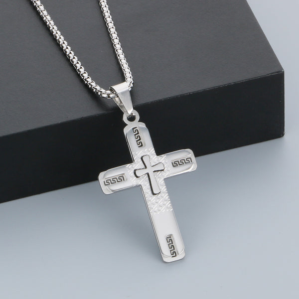 Men’s Titanium Stainless Steel Cross Pendant Necklace – Gold-Plated Religious Necklace with Greek Key Design – Durable Christian Jewelry for Men-Men's Pendant Necklace-SunnyHouse Jewelry
