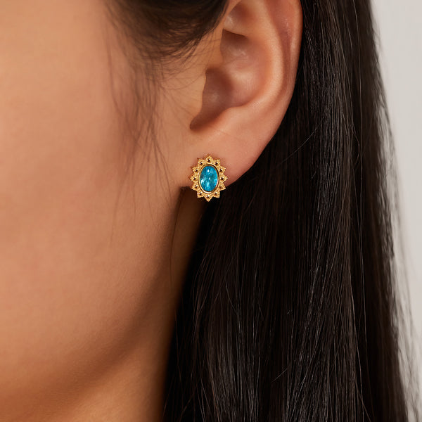 Women's Gold Sunburst Earrings with Aquamarine Centers - Vibrant and Regal Jewelry-Women's Earrings-SunnyHouse Jewelry