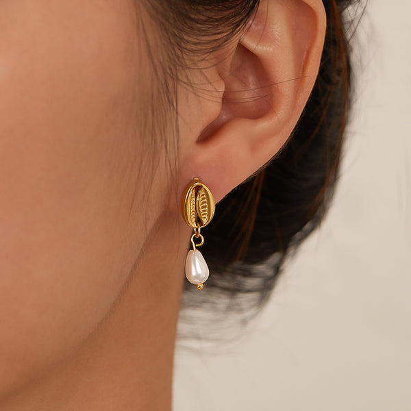 Women’s Gold Cowrie Shell Pearl Drop Earrings – Elegant Seashell Dangle Earrings with Simulated Pearls, Ocean-Inspired Jewelry for Women and Girls-Women's Earrings-SunnyHouse Jewelry