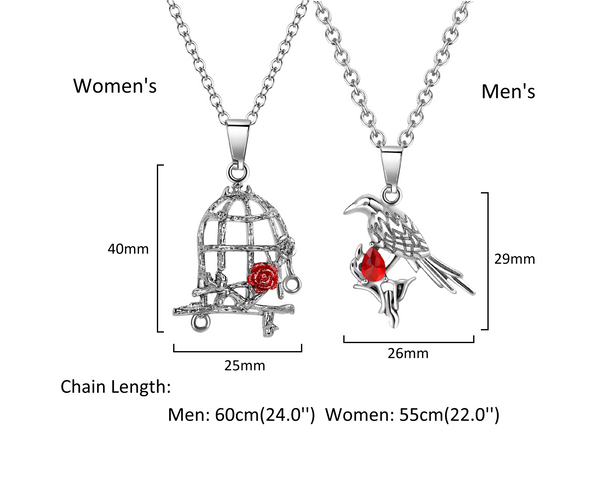 Couple Matching Bird & Cage Pendant Necklaces – Matching His & Hers Love Necklaces with Red Crystal Rose, Romantic Jewelry for Anniversary, Valentine’s Day, Birthday Gift-Couple Pendant Necklace-SunnyHouse Jewelry