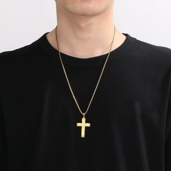 Men’s Titanium Stainless Steel Cross Pendant Necklace – Gold-Plated with Greek Key Engravings – Durable Christian Jewelry for Men-Men's Pendant Necklace-SunnyHouse Jewelry