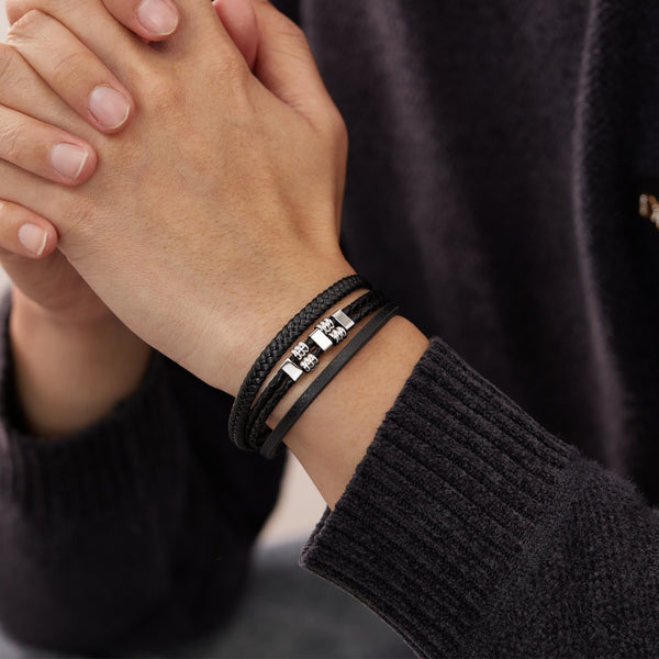Men’s Titanium Stainless Steel Leather Bracelet – Multi-Strand Black Braided and Flat Leather Band – Magnetic Clasp Wristband for Men – Durable & Stylish Gift-Men's Bracelet-SunnyHouse Jewelry