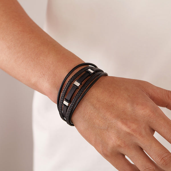 Men’s Multi-Strand Leather Bracelet – Titanium Stainless Steel Magnetic Clasp – Black Braided and Smooth Leather Wrap Bracelet for Men-Men's Bracelet-SunnyHouse Jewelry