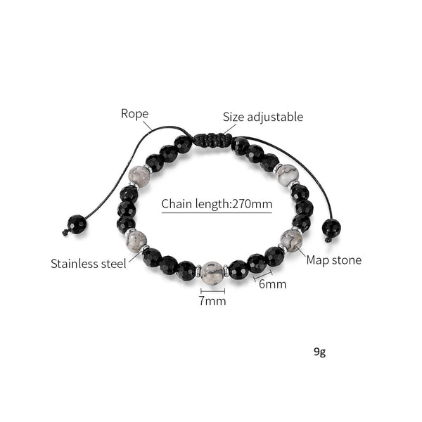 Men’s Beaded Bracelet – Adjustable Black Faceted Beads with Green Natural Stone Accents – Handmade Braided Cord, Stylish and Comfortable Jewelry for Men-Men's Bracelet-SunnyHouse Jewelry