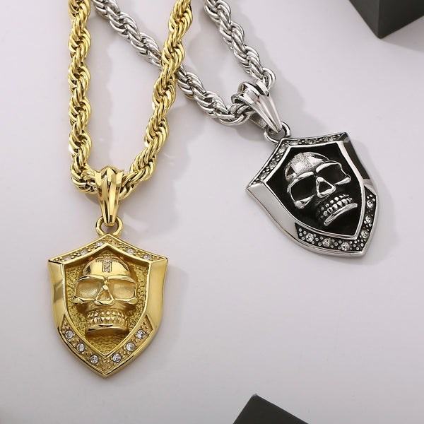 Men’s Titanium Stainless Steel Skull Pendant Necklace – Gold-Plated Shield Design with Crystals – Durable Fashion Necklace for Men-Men's Pendant Necklace-SunnyHouse Jewelry