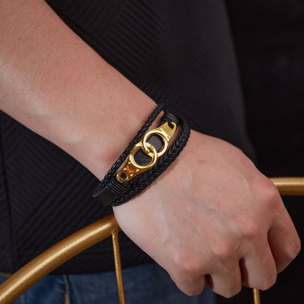 Sophisticated Men's Braided Leather and Gold Plated Bracelet with Equestrian Clasp – Durable and Stylish-Men's Bracelet-SunnyHouse Jewelry