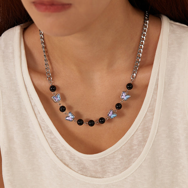 Stylish Women's Stainless Steel Chain Necklace with Black Pearls and Butterfly Charms – Unique, Fashionable Accessory-Women's Necklace-SunnyHouse Jewelry