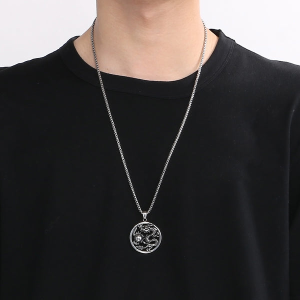 Men’s Titanium Stainless Steel Dragon Pendant Necklace – Intricate Circular Dragon Design – Durable and Stylish Necklace for Men-Men's Pendant Necklace-SunnyHouse Jewelry
