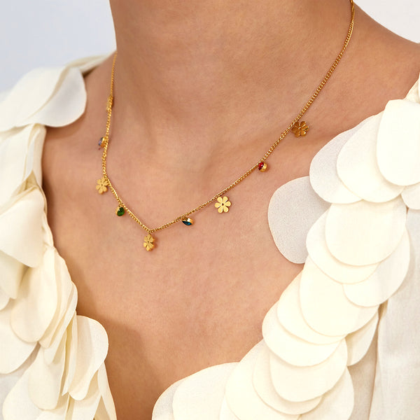 Women's Titanium Stainless Steel Flower and Gemstone Charm Necklace – Gold-Plated Chain – Hypoallergenic & Tarnish Resistant-Women's Necklace-SunnyHouse Jewelry