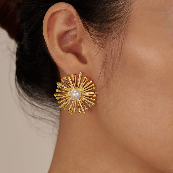 Women’s Gold Sunburst Pearl Earrings – Elegant Statement Stud Earrings with Simulated Pearl Center, Fashion Jewelry for Women and Girls-Women's Earrings-SunnyHouse Jewelry