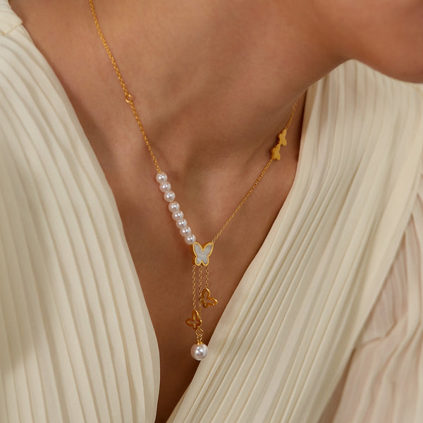 Elegant Women's Butterfly and Pearl Pendant Necklace - Gold Chain Jewelry with Lariat Design-Women's Necklace-SunnyHouse Jewelry