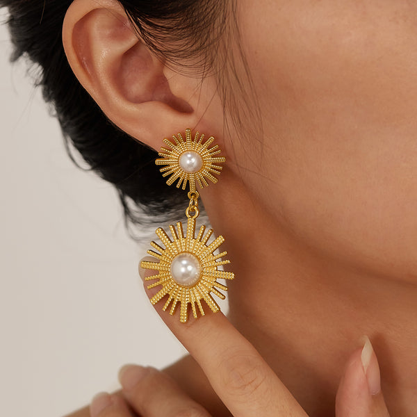 Women’s Gold Sunburst Pearl Drop Earrings – Elegant Double Sun Statement Earrings with Simulated Pearl, Fashion Jewelry for Women and Girls-Women's Earrings-SunnyHouse Jewelry