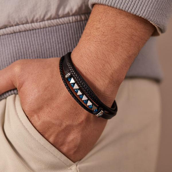 Men's Leather Bracelet with Blue Crystal Accents – Elegant Multi-Strand Design, Secure Magnetic Clasp-Men's Bracelet-SunnyHouse Jewelry