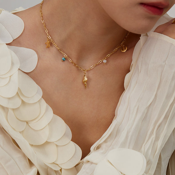 Women’s Titanium Stainless Steel Nautical Charm Pendant Necklace, Gold-Plated with Anchor, Shell, and Pearl Charms – Trendy Jewelry for Everyday Wear-Women's Necklace-SunnyHouse Jewelry
