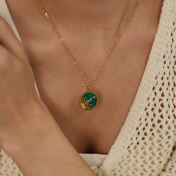 Women's Titanium Stainless Steel Sun and Moon Pendant Necklace with Green Enamel and Cubic Zirconia – Gold-Plated Chain – Hypoallergenic & Tarnish Resistant-Women's Necklace-SunnyHouse Jewelry