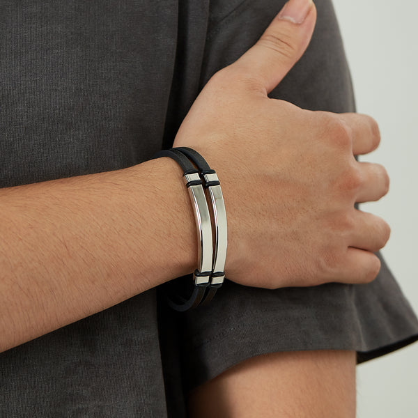 Men's Sleek Leather Bracelet with Polished Stainless Steel Bar - Minimalist and Stylish Accessory-Men's Bracelet-SunnyHouse Jewelry