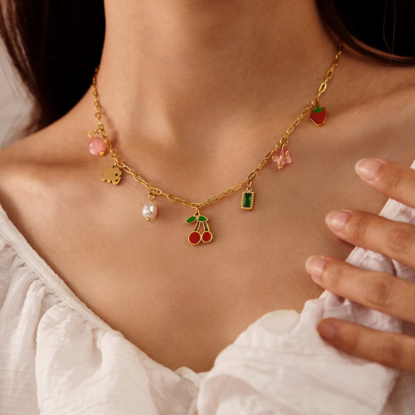 Women’s Titanium Stainless Steel Charm Pendant Necklace – Colorful Cherry, Pearl & Strawberry Dangle Charms – Gold Plated Playful Statement Necklace – Hypoallergenic & Durable-Women's Necklace-SunnyHouse Jewelry