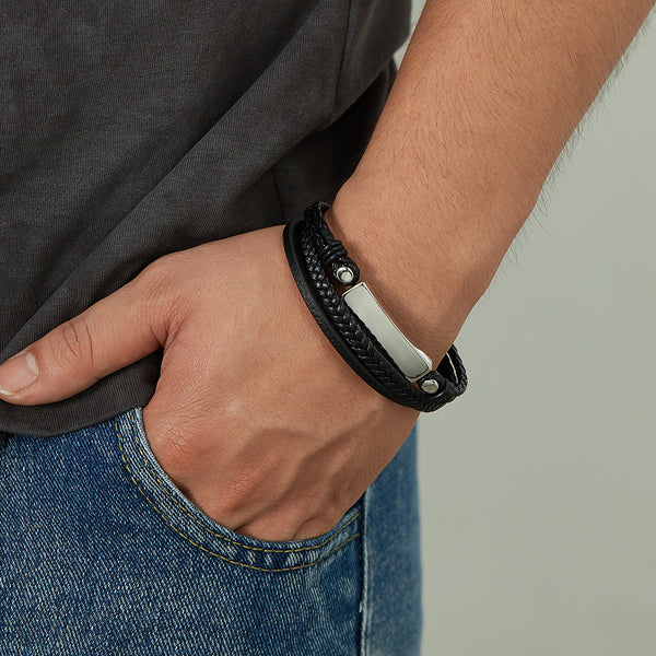 Men's Contemporary Leather Bracelet with Stainless Steel Accents - Sleek and Modern Accessory-Men's Bracelet-SunnyHouse Jewelry