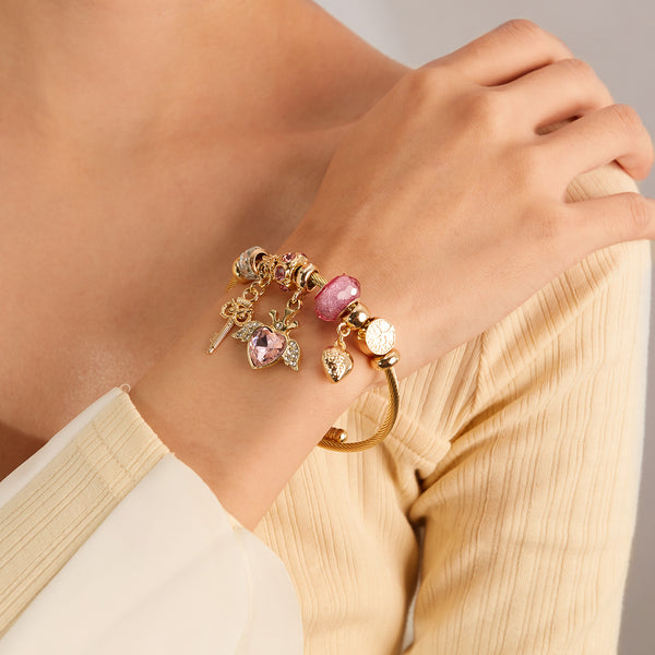 Gold Charm Bracelet for Women with Pink Heart and Key Charms - Elegant and Stylish Jewelry for Any Occasion-Women's Bangle-SunnyHouse Jewelry