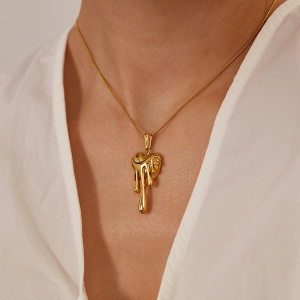 Women’s Titanium Stainless Steel Dripping Heart Pendant Necklace, Gold-Plated Hypoallergenic Adjustable Chain, Trendy Statement Jewelry for Women and Girls-Women's Necklace-SunnyHouse Jewelry
