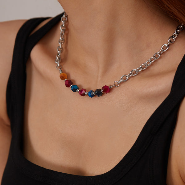 Women’s Fashion Necklace with Colorful Stones – Silver Chain Fashion Jewelry for Everyday Wear and Layering-Women's Necklace-SunnyHouse Jewelry